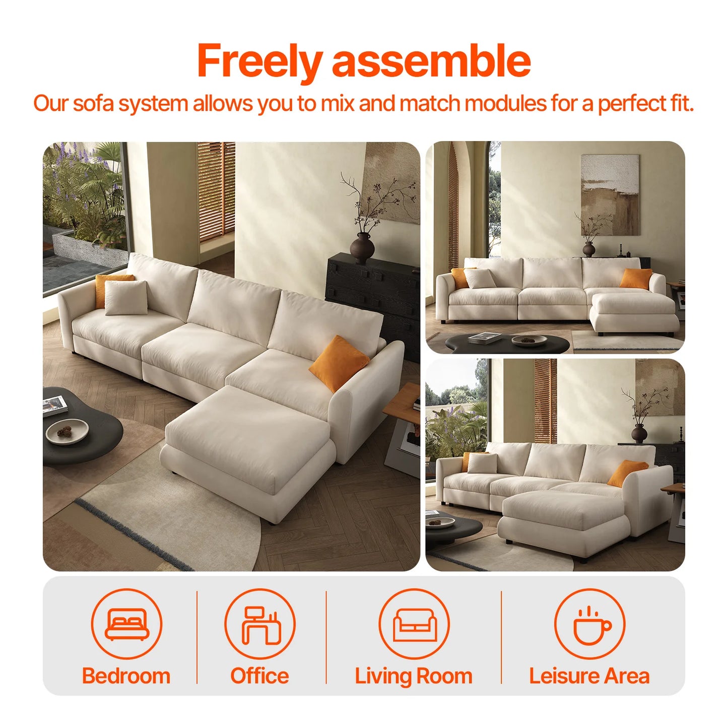 108.2'' Comfy Cloud Couch Modern Sectional Sofa with Ottoman