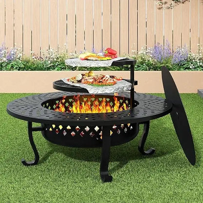 43 Inch Fire Pit with 2 Grill for Backyard Patio Garden