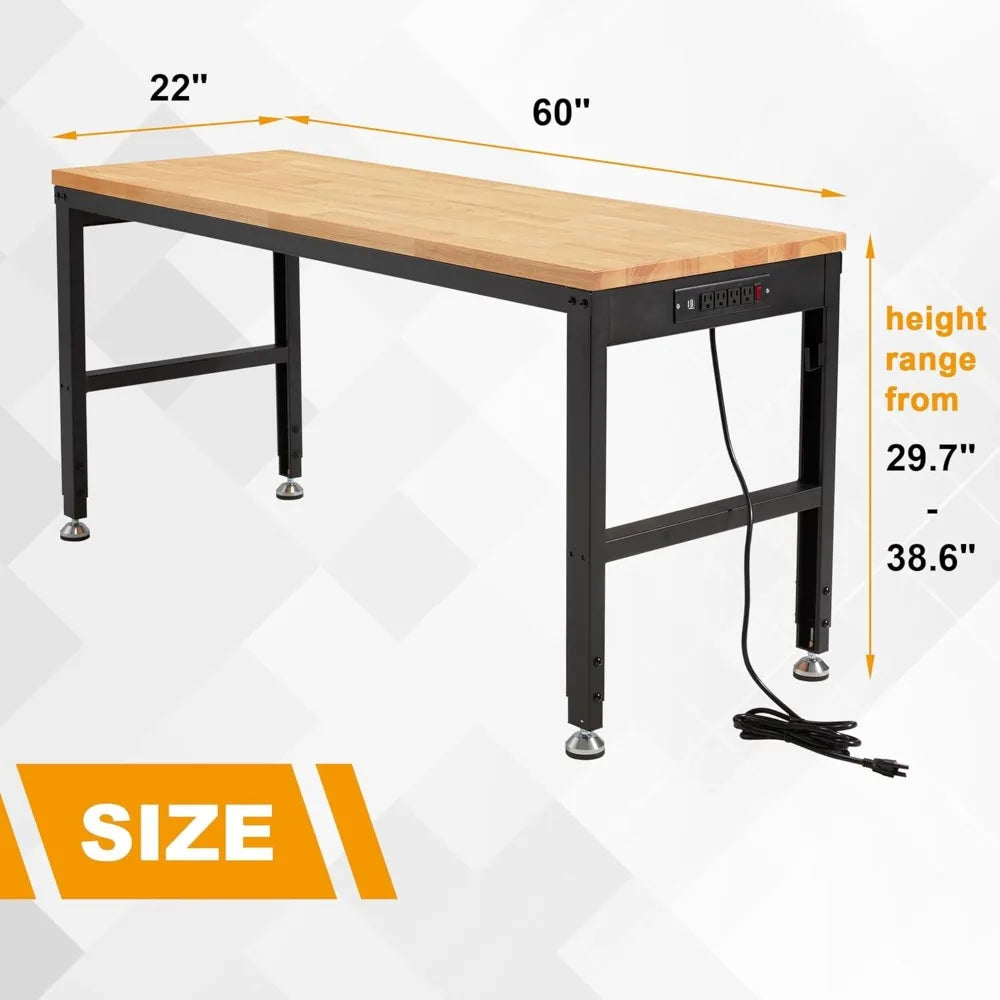 60" 2000 Lbs. Capacity Height Adjustable Workbench with Power Outlets