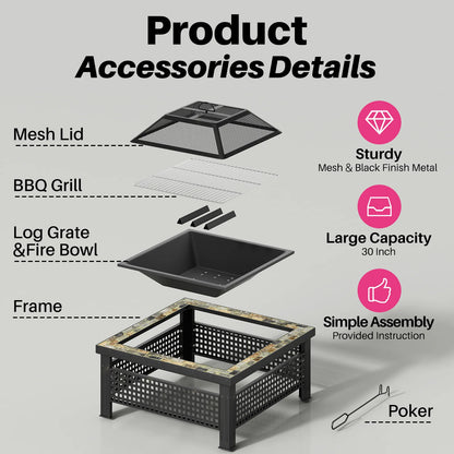 30 Inch, 3-in-1 Multipurpose Firepits for Yard, Garden, Patio