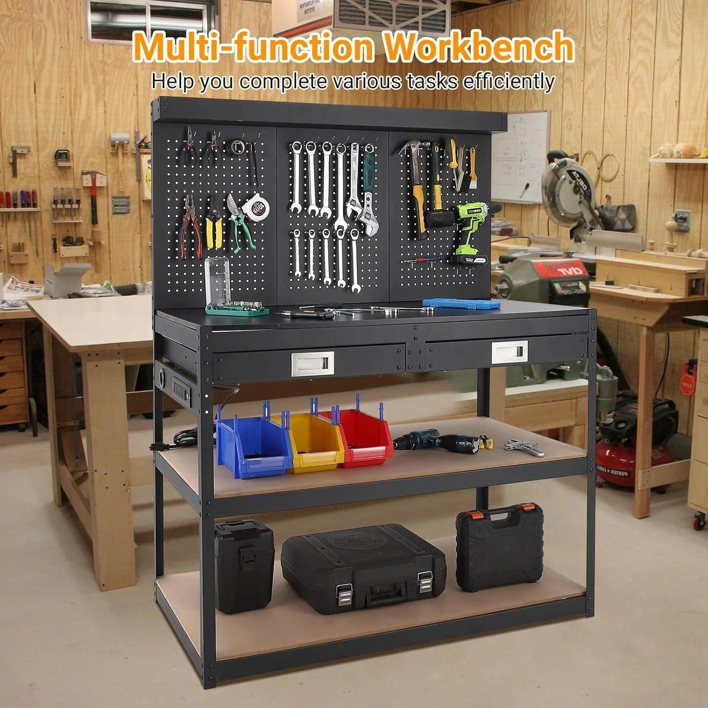 3-Tier Heavy Duty Worktable with 2 Drawers with Hanging Hooks