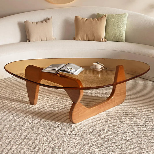 Triangle Glass Coffee Table with Wooden Base for Study Room Office Hotel