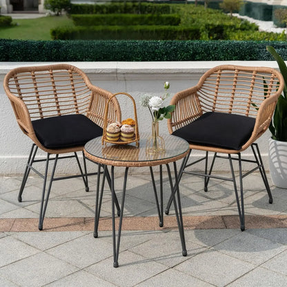 3 Piece Outdoor Wicker Bistro Set, and Tempered Glass