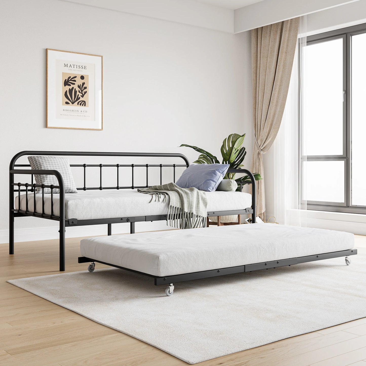 Twin Size Metal Daybed Frame with Trundle, Heavy Duty Steel Slat Support Sofa Bed Platform with Headboard, No Box Spring Needed,