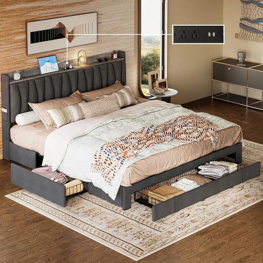 King Size Bed Frame with Storage Headboard and Charging Station