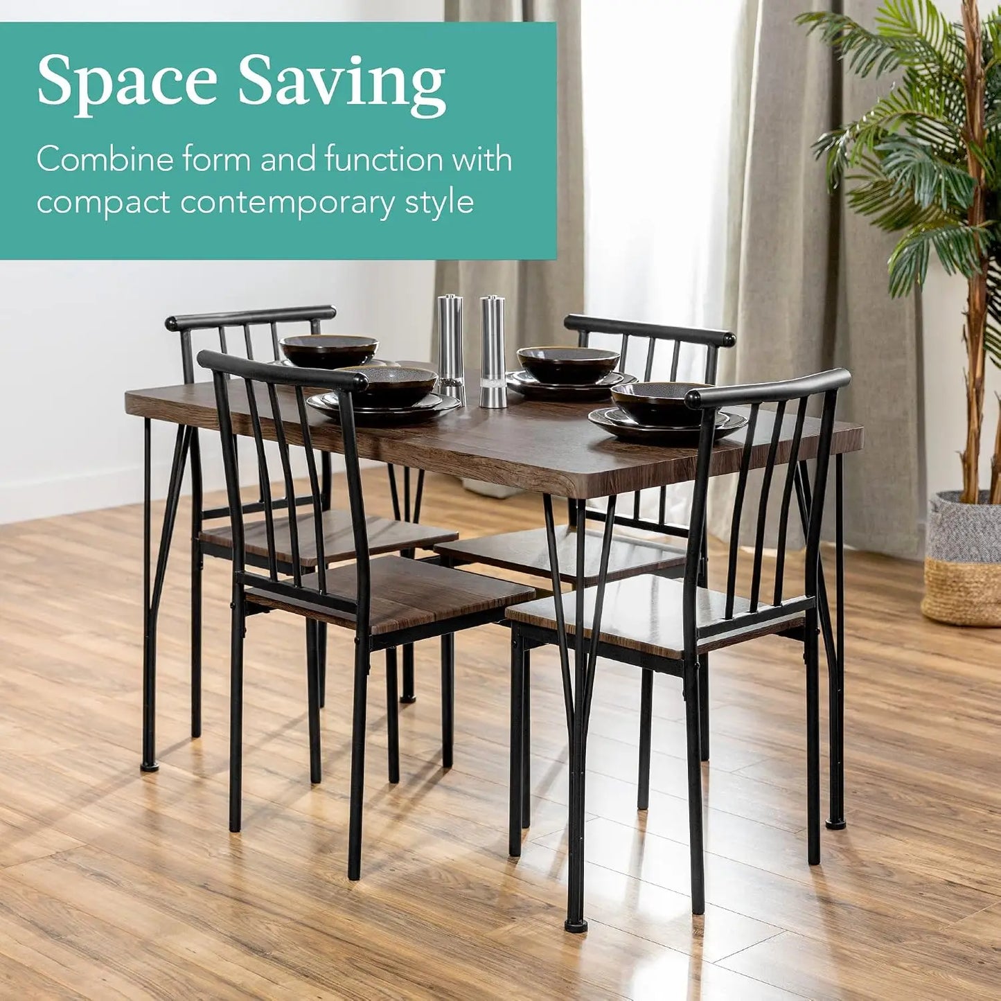 5-Piece Metal and Wood Rectangular Dining Table