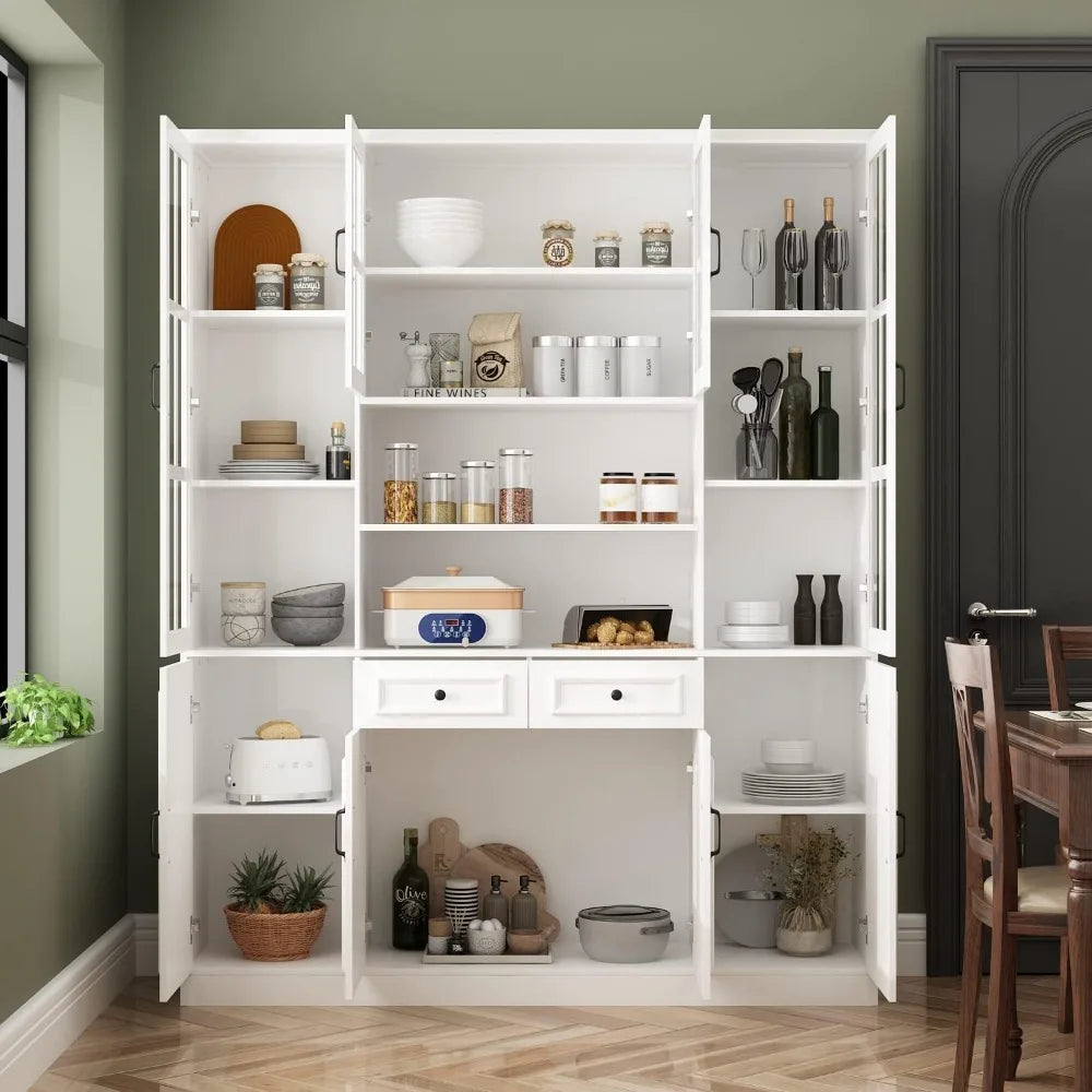 Large Kitchen Pantry Storage Cabinet with Glass Doors & Drawers