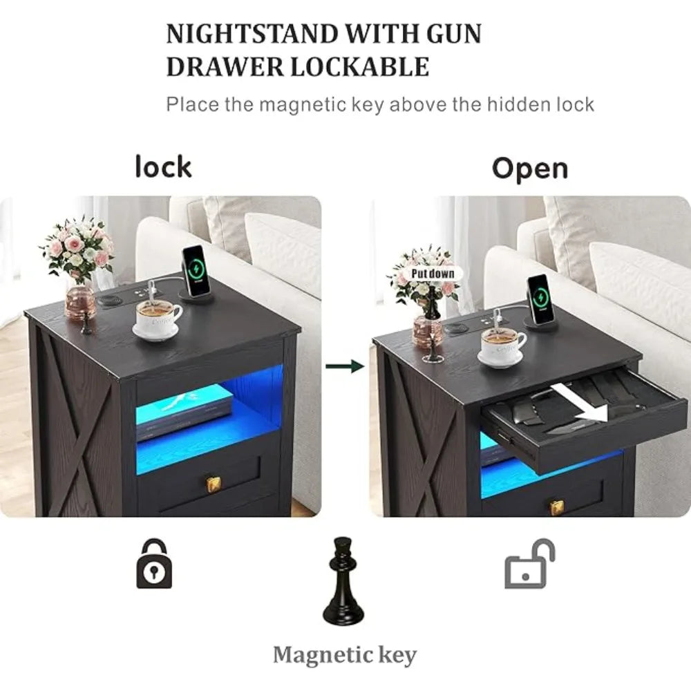 Bedside Tables with Charging Station LED Lighting