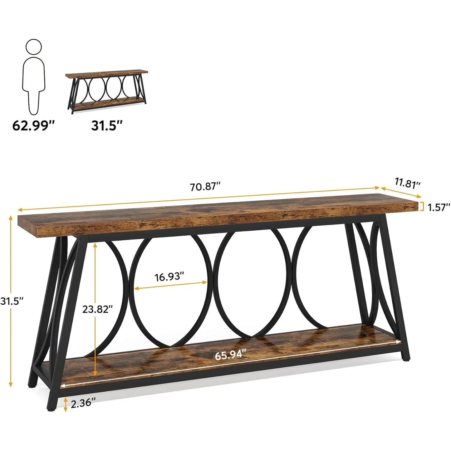 70.9 inch Long Console Table with 2 Tier Storage Shelf