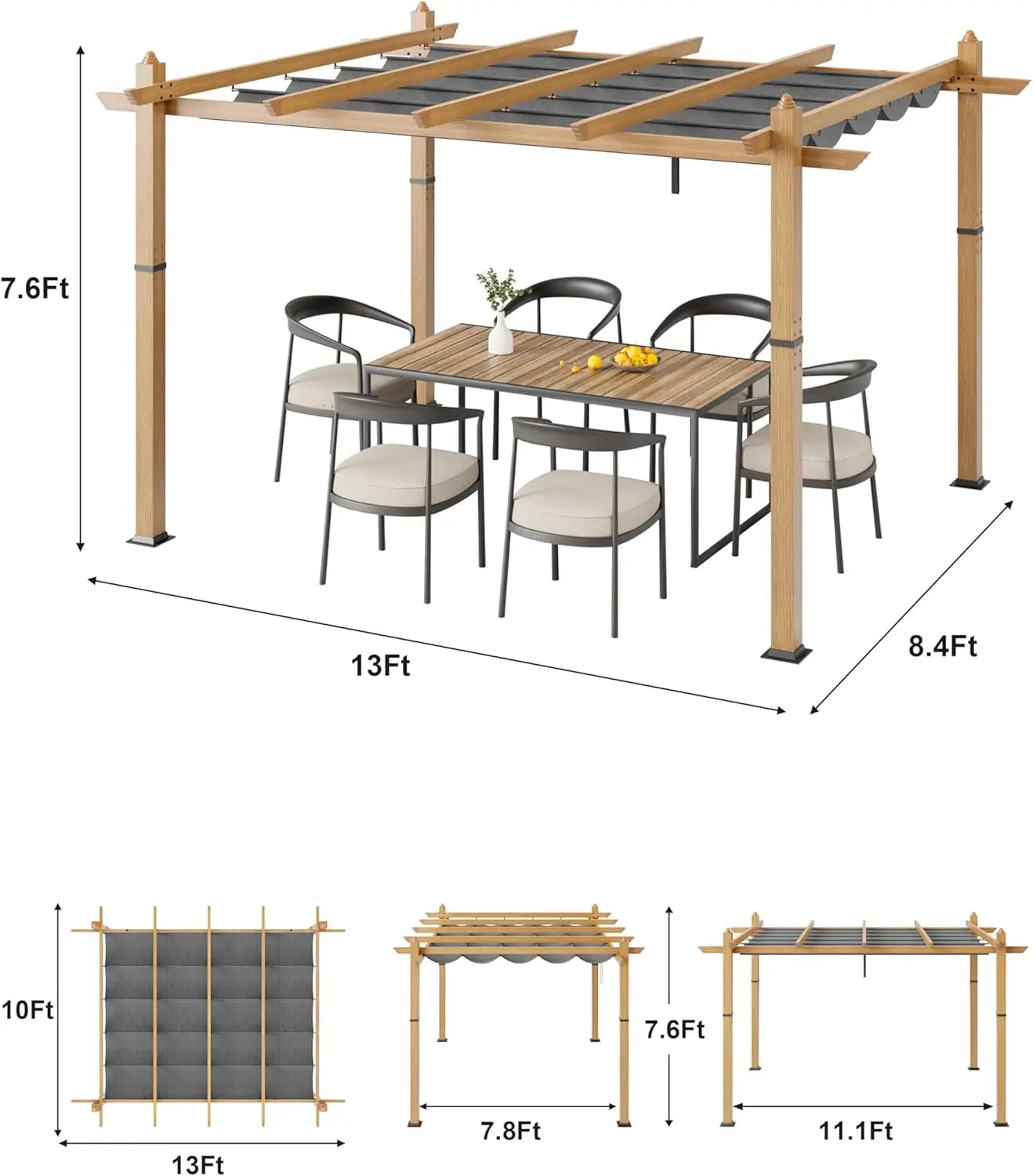 10X10FT 10X13FT Outdoor Pergola with Retractable Canopy