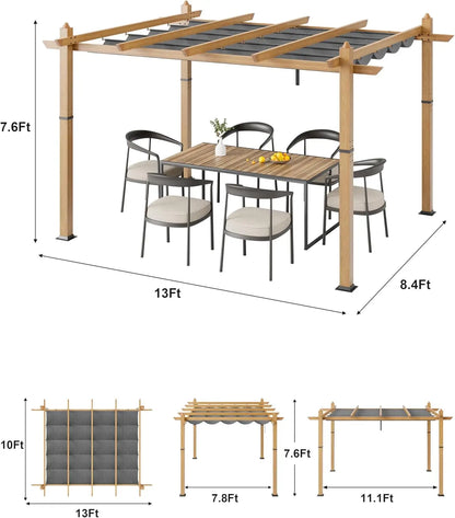 10X10FT 10X13FT Outdoor Pergola with Retractable Canopy