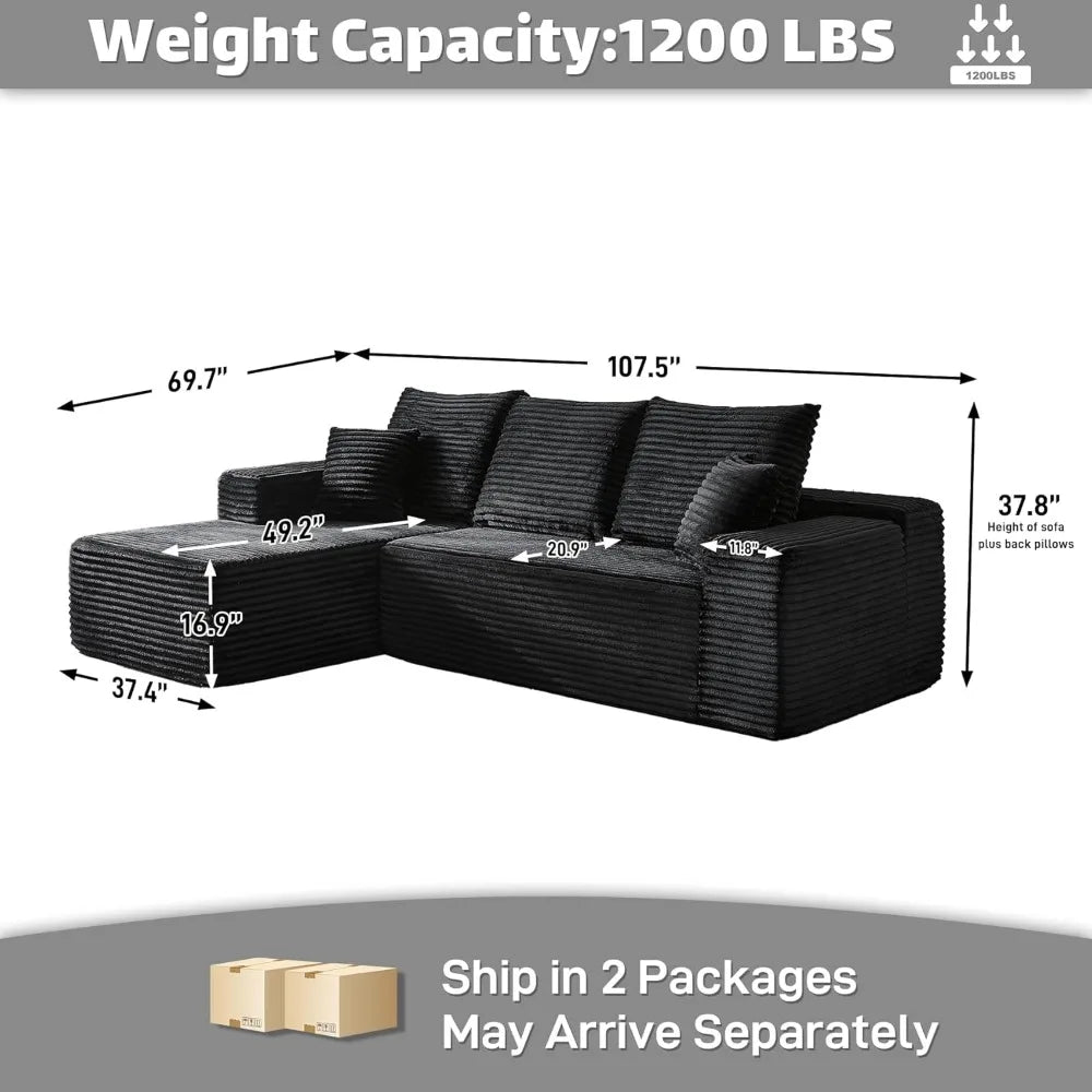 107" Comfy L Shaped   Modern Deep Seat Plush Corduroy couche