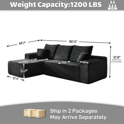 107" Comfy L Shaped   Modern Deep Seat Plush Corduroy couche