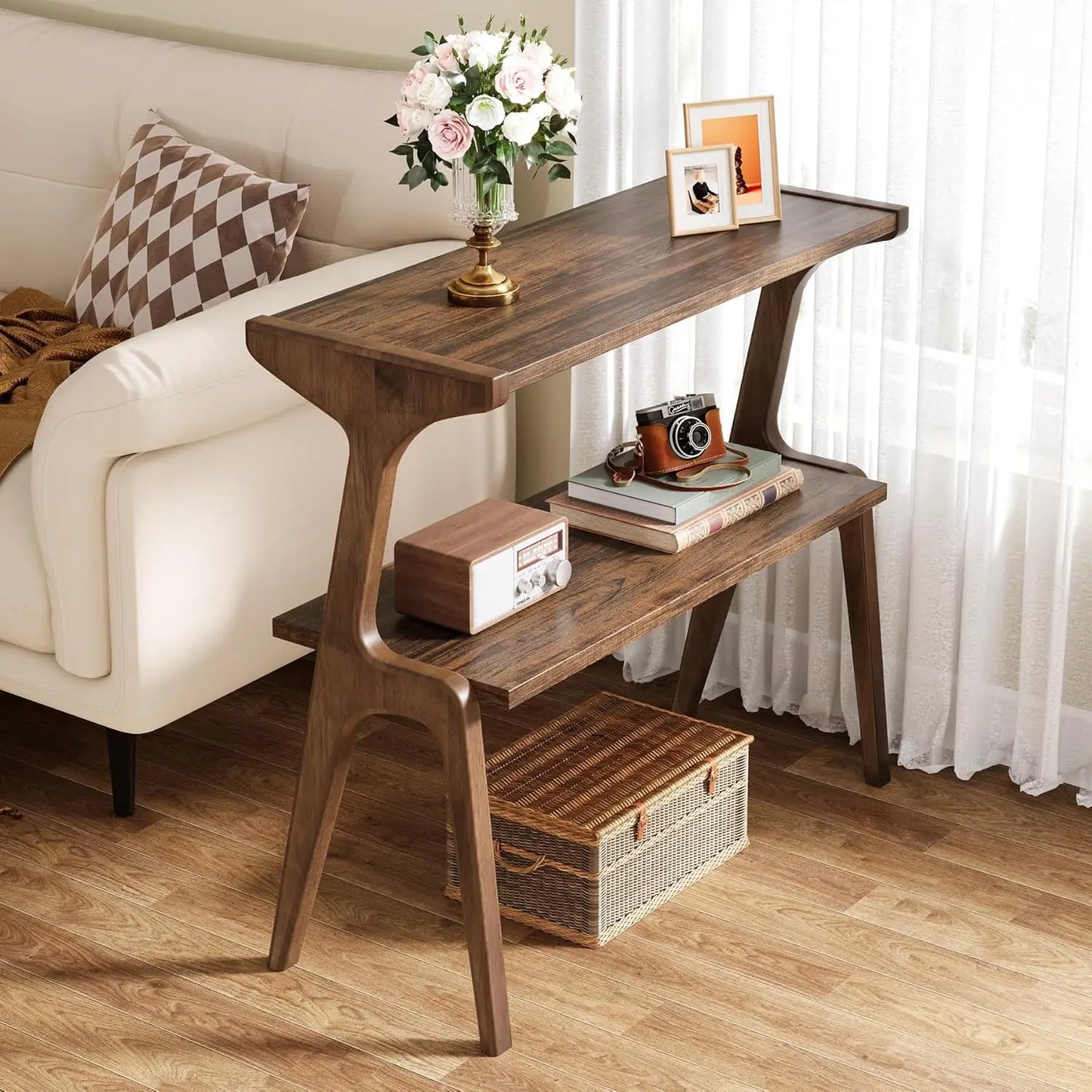 2-layer ultra-thin sofa side table with storage rack