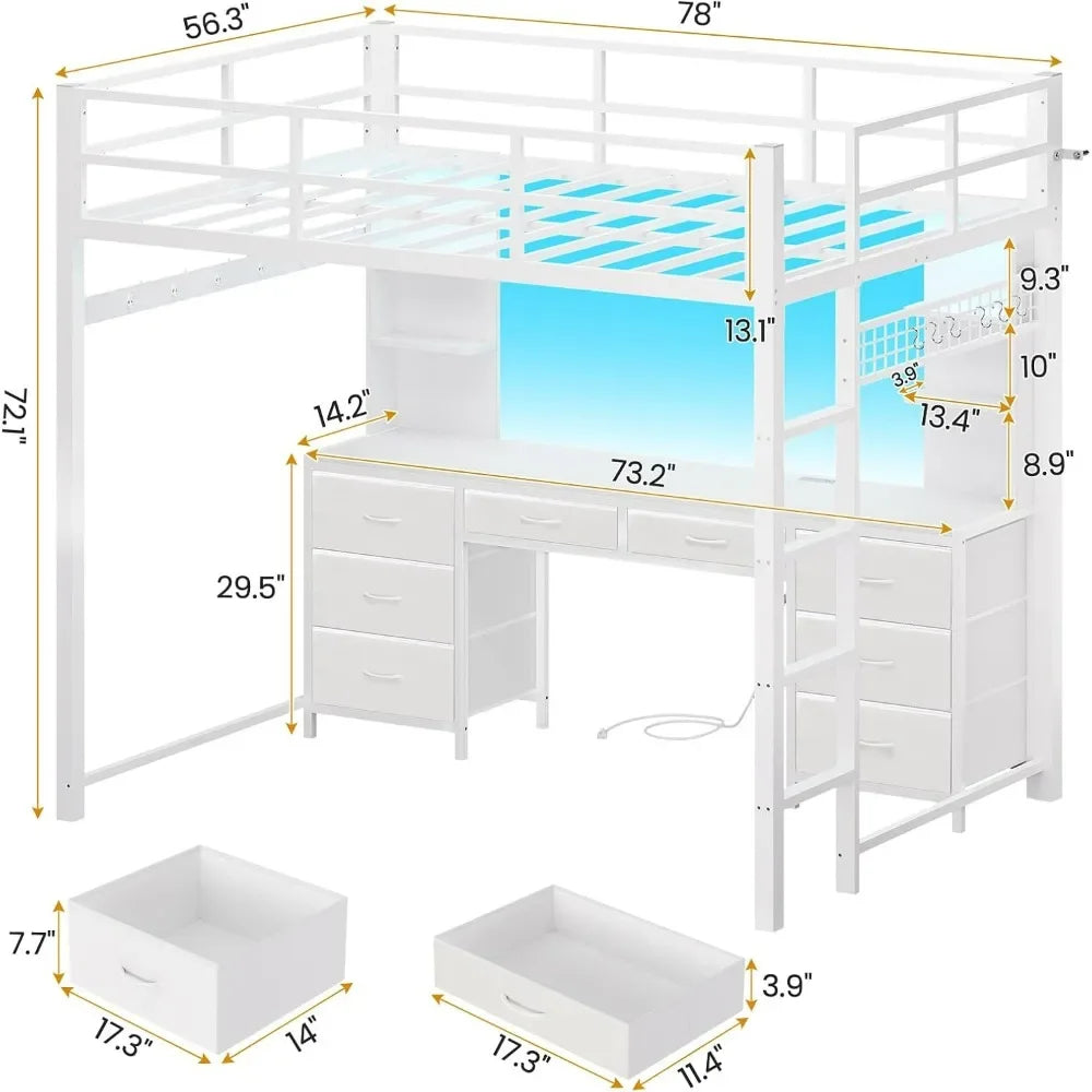 Full Size Loft Bed with Desk and 8 Storage Drawers