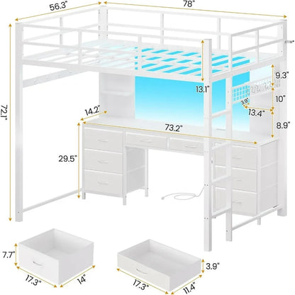 Full Size Loft Bed with Desk and 8 Storage Drawers