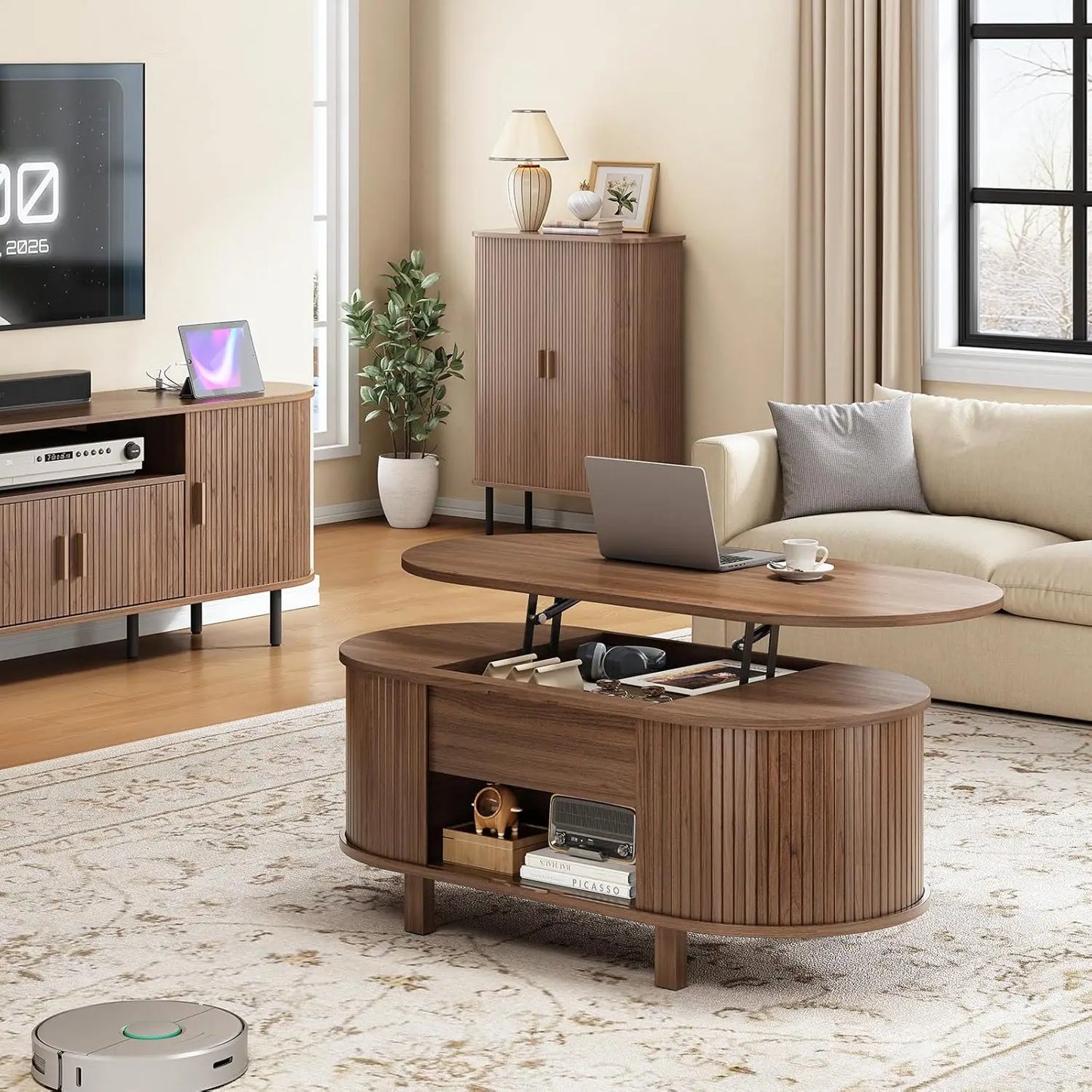 43.3" Oval Lift Top Coffee Table with Sliding Door