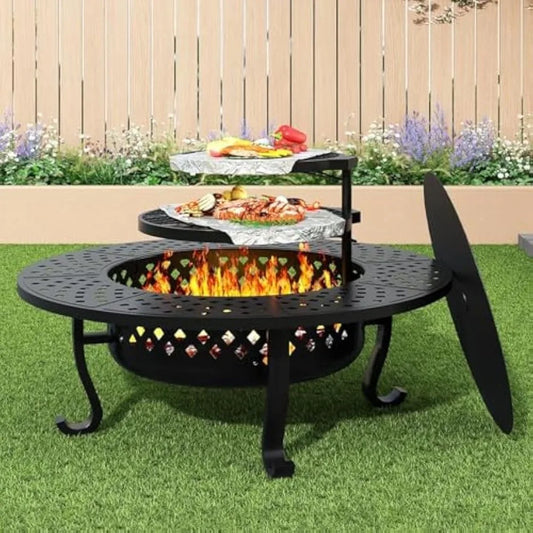 43 Inch Fire Pit with 2 Grill for Backyard Patio Garden