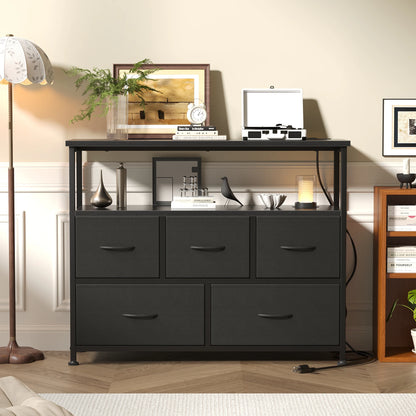 TV Stand with 5 Fabric Dresser with Charging Station