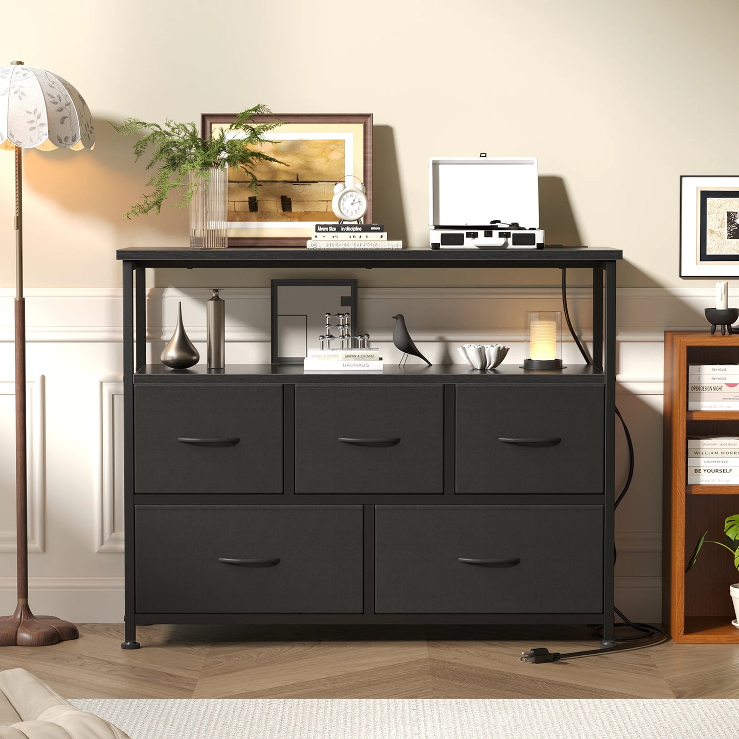 TV Stand with 5 Fabric Dresser with Charging Station