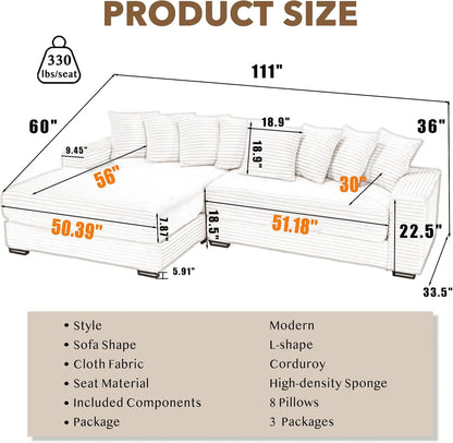 111'' Modern Sectional Sofa, L-Shaped Corduroy Couch