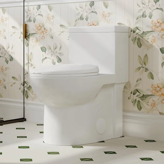 Elongated Toilet with Compact Soft Closing Seat