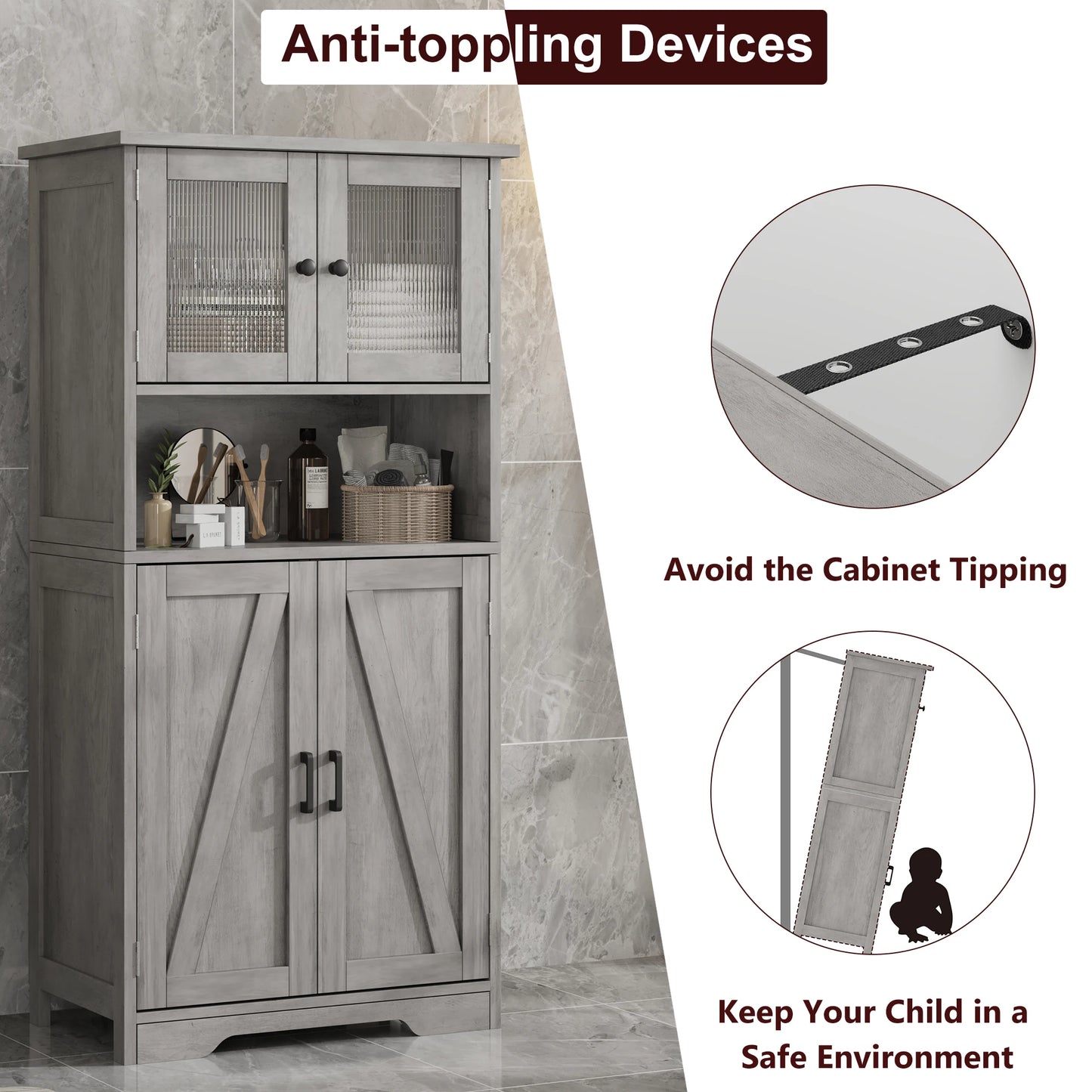 Freestanding Pantry Storage Cabinet with Glass Doors