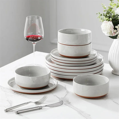 18Pcs Grey Ceramic Plates and Bowls Dinnerware Set.