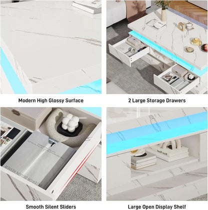 47.2-inch High Glossy LED Coffee Table with 2 Sliding Drawers
