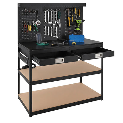 3-Tier Heavy Duty Worktable with 2 Drawers with Hanging Hooks