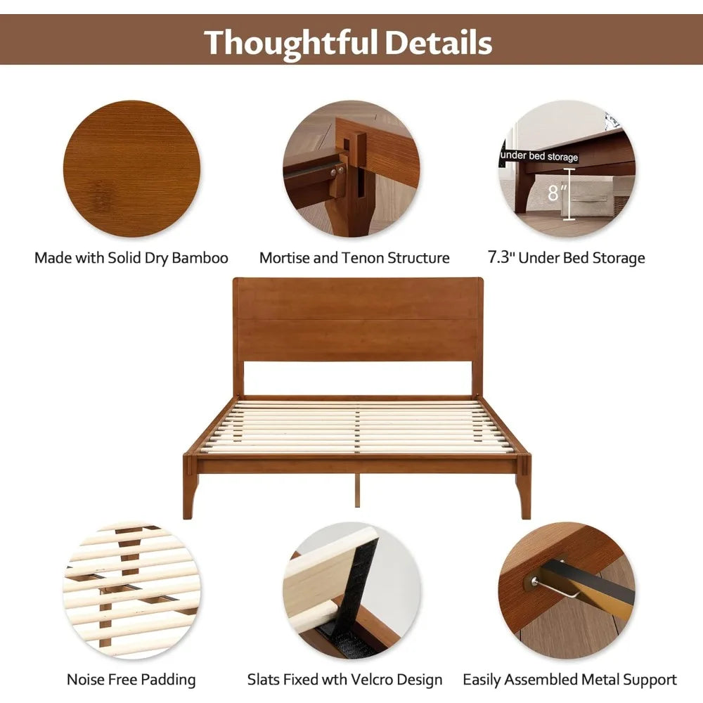 King Size Bamboo Platform Bed Frame with Tall Headboard