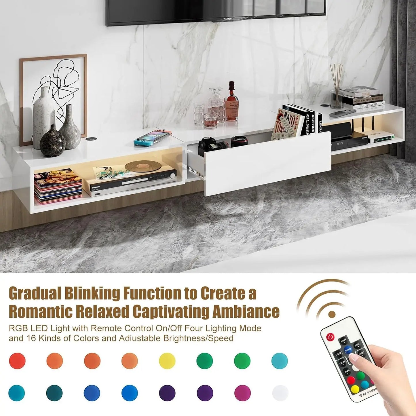 High Gloss floating Media Console with LED Lighting