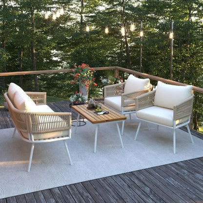 4 Pieces  Outoor Patio Furniture Set PP Rope Conversation Set w/Loveseat