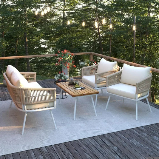 4 Pieces  Outoor Patio Furniture Set PP Rope Conversation Set w/Loveseat