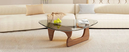 Triangle Glass Coffee Table with Wooden Base for Study Room Office Hotel
