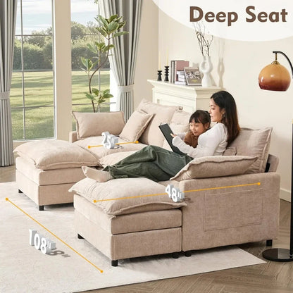 3-Seater Comfy Cloud Couch with Movable Ottoman