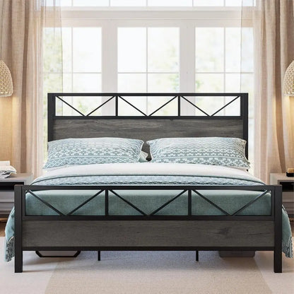 California King Bed Frame, 51.2 " Tall Industrial Headboard