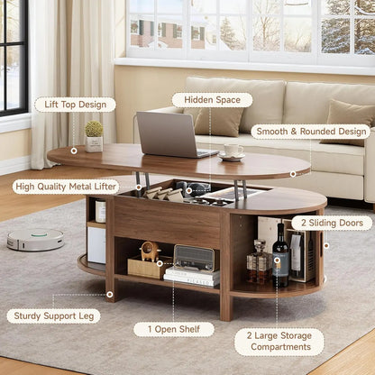 43.3" Oval Lift Top Coffee Table with Sliding Door