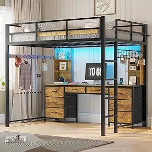 Full Size Loft Bed with Desk and 8 Storage Drawers