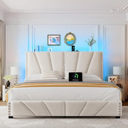 King Size Bed Frame with Velvet Headboard and LED Lights