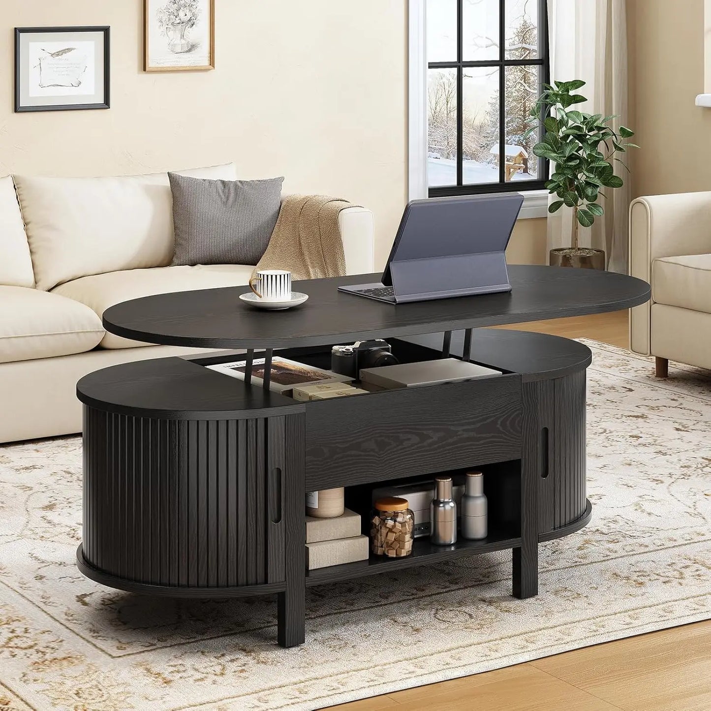 43.3" Oval Lift Top Coffee Table with Sliding Door