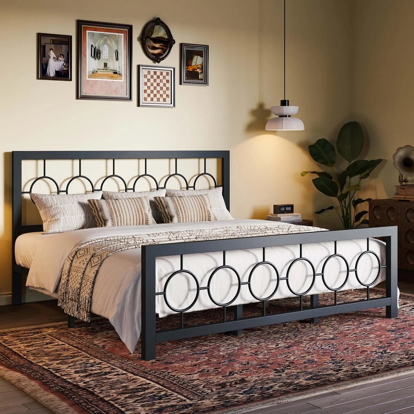 King Queen Size Metal Bed Frame with Vintage Circular Design