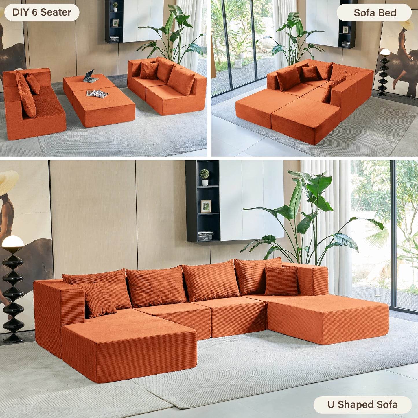 140"Corduroy Sleeper Modular Sectional Sofa