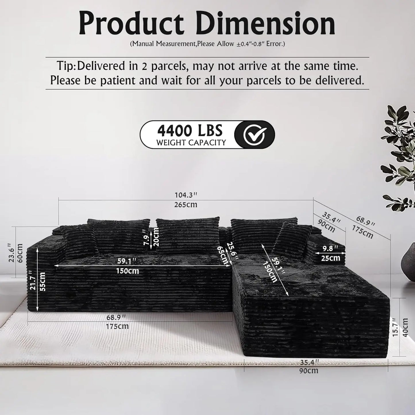 104" Black sectional couches