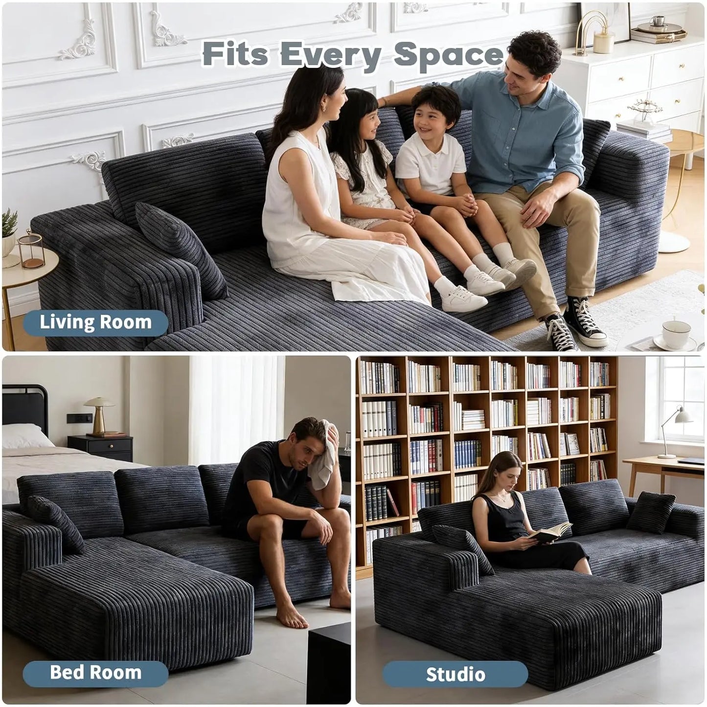 106" Corduroy Sectional with Oversized Chaise