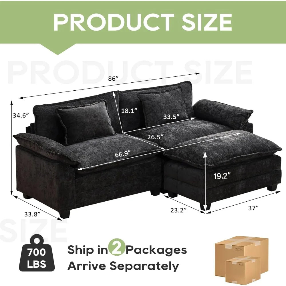 86" Modular Sectional Sofa with Ottoman Throw Pillows
