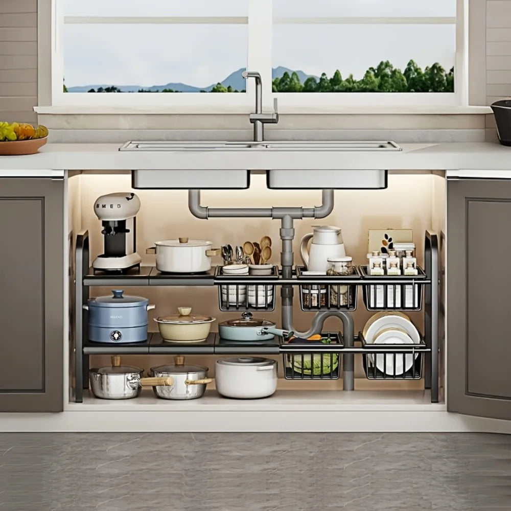 1pc 2-Tier Under Sink Organizers Storage Basket