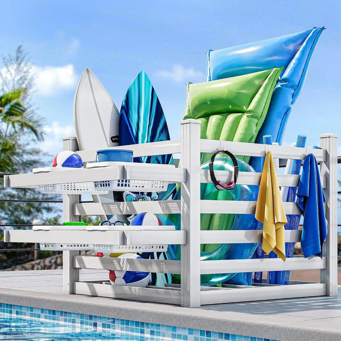 Pool Storage Bins with Towel Rack