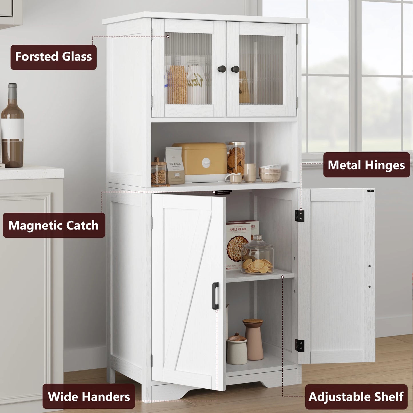 Freestanding Pantry Storage Cabinet with Glass Doors