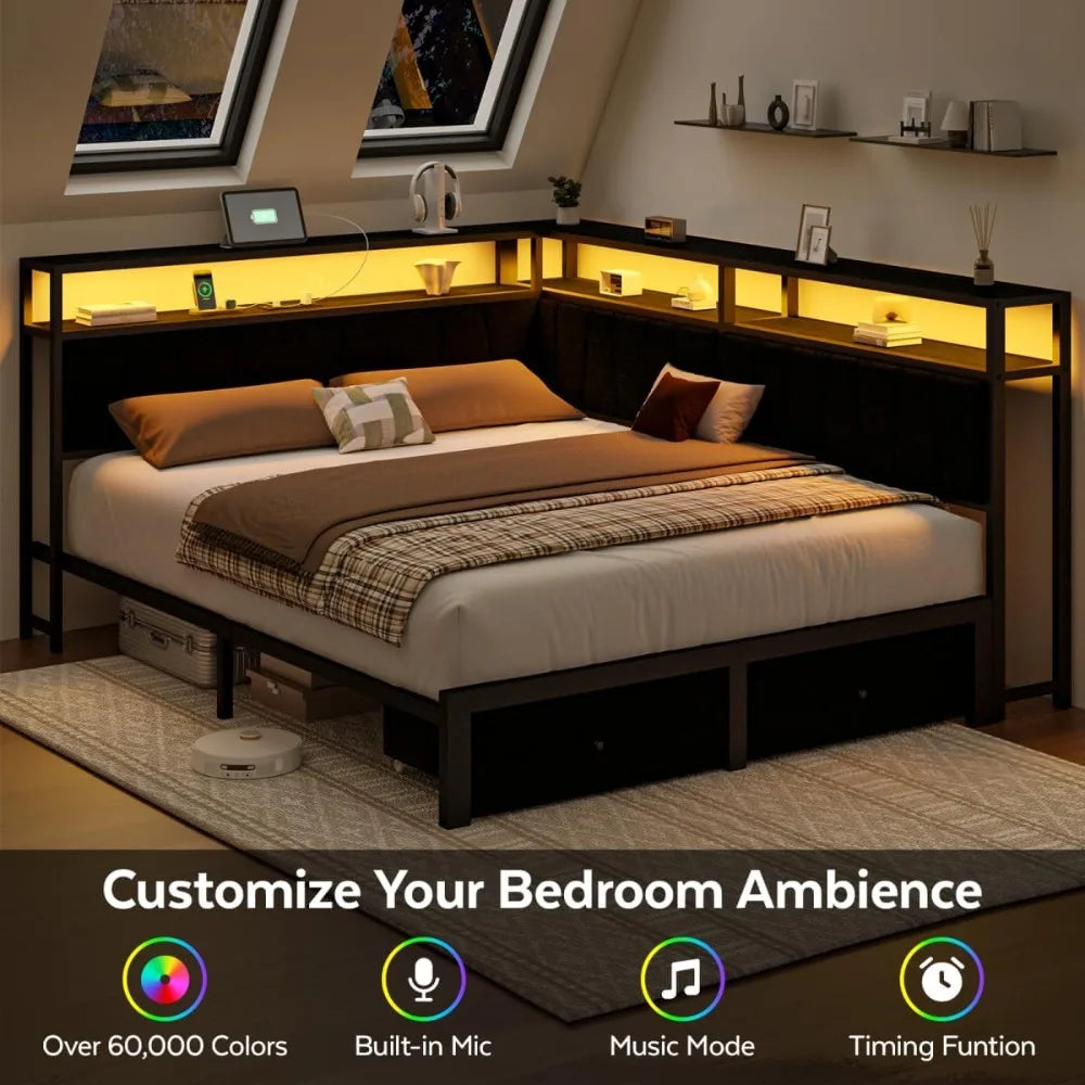 Contemporary Queen-Sized Corner Bed with Storage